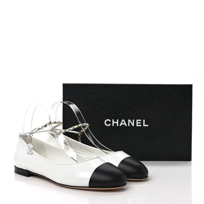 Chanel Lambskin Patent Calfskin Cap Toe Ankle Chain Ballerina Flats 37.5 White Black 9 of 9