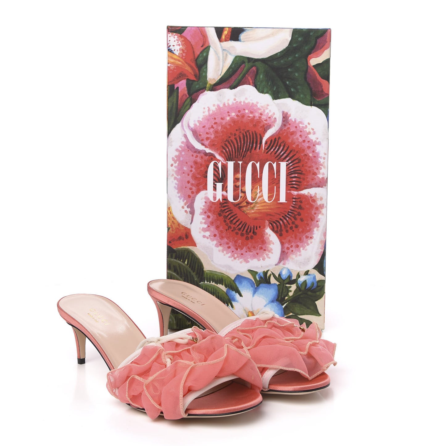 Tulle Ruffle Low Heel Slide Sandals 38 Peach White