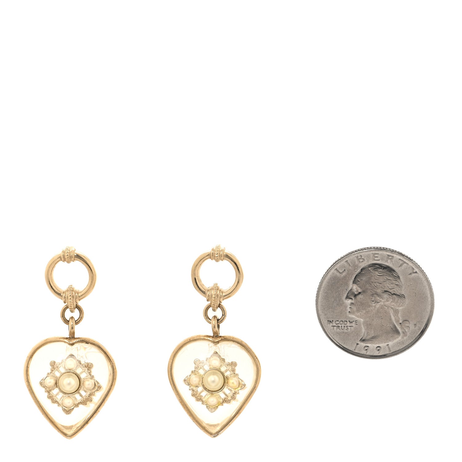 Chanel Crystal Pearl Heart CC Drop Earrings Transparent 2 of 4