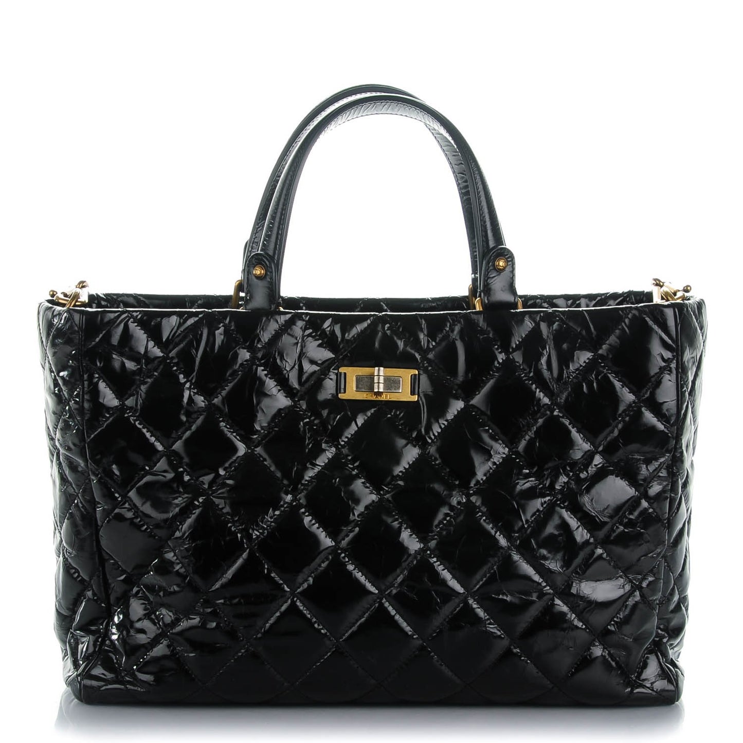 Glazed Calfskin Quilted Mademoiselle Tote Black
