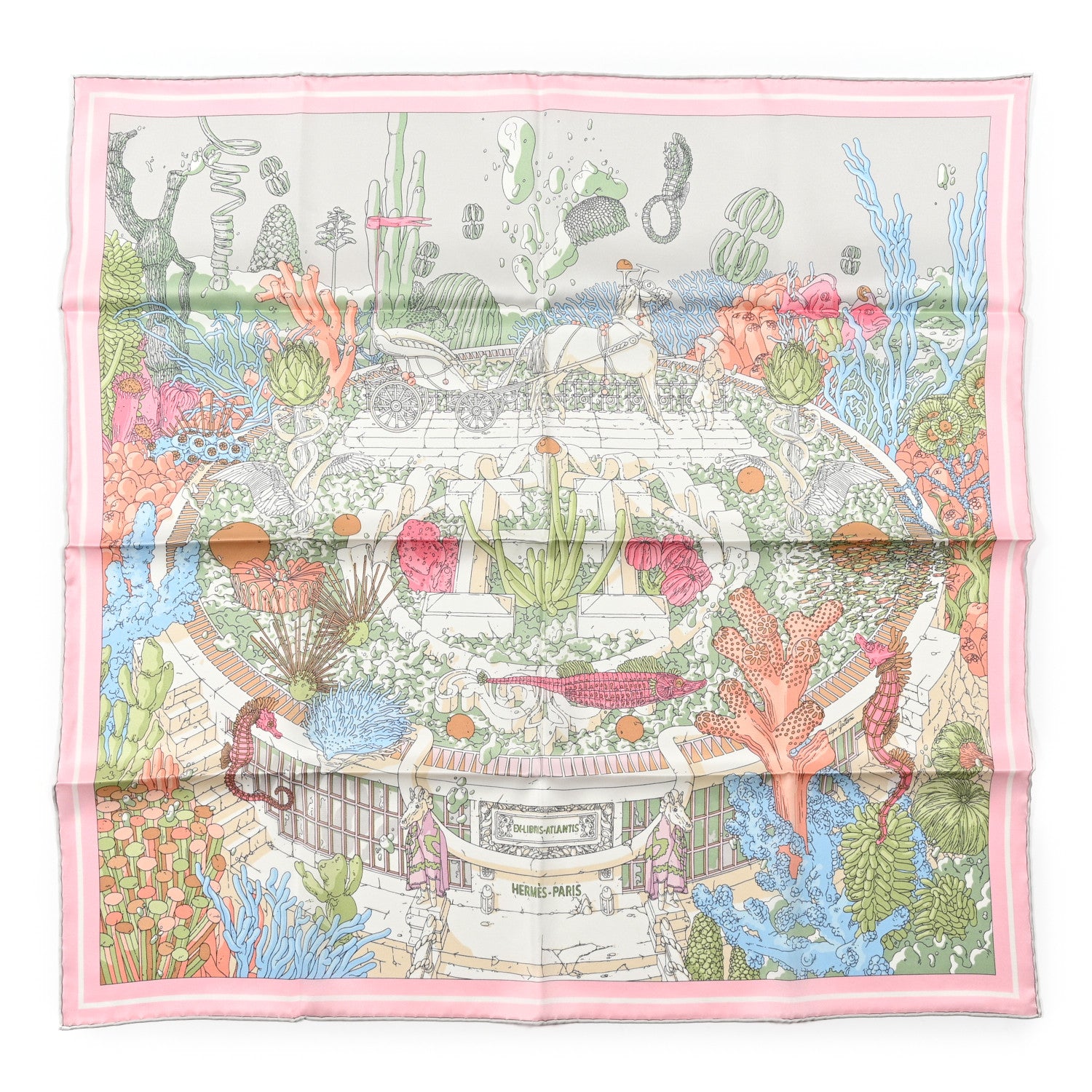 Hermes Silk Vintage Ex Libris Atlantis Scarf 70 Gris Perle Rose Pale 1 of 4