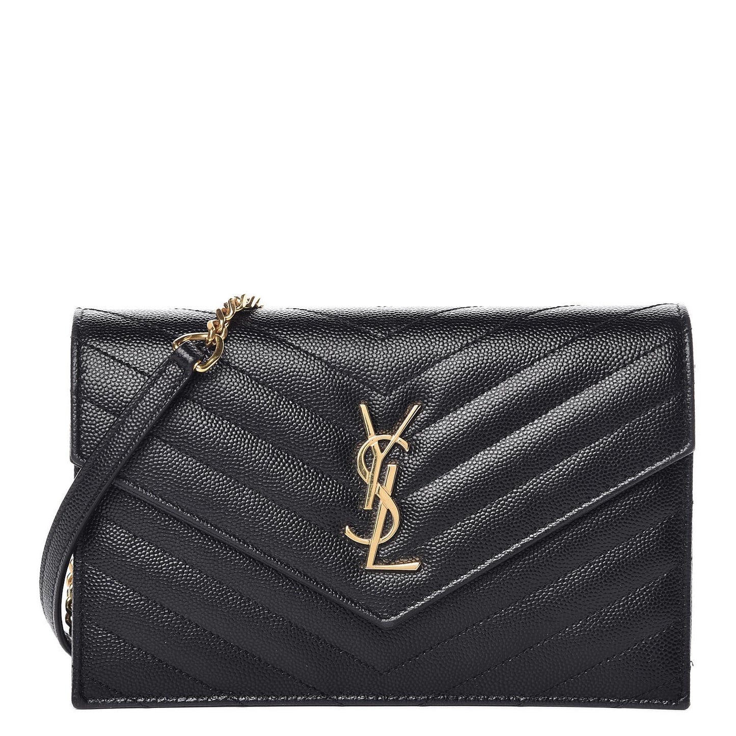 Grain De Poudre Matelasse Chevron Monogram Envelope Chain Wallet Black