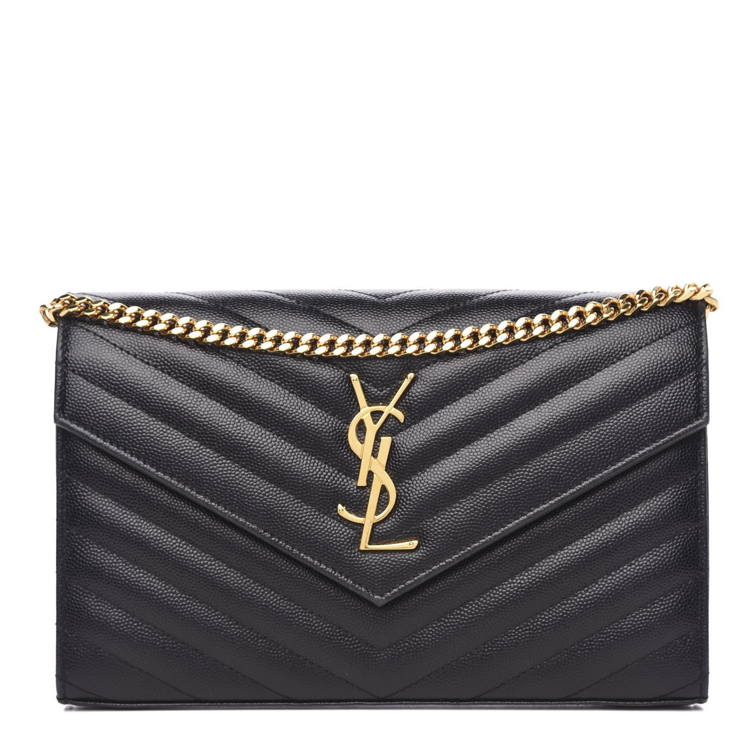 Saint Laurent Grain De Poudre Matelasse Chevron Monogram Chain Wallet Black 1 of 8