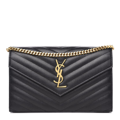 Saint Laurent Grain De Poudre Matelasse Chevron Monogram Chain Wallet Black 1 of 8