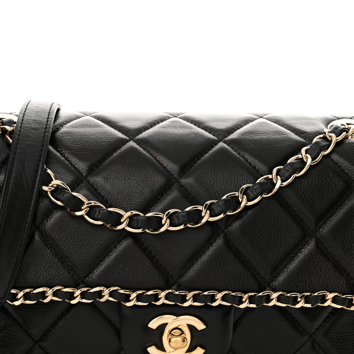 Crumpled Calfskin Medium Chain All Over Flap Black