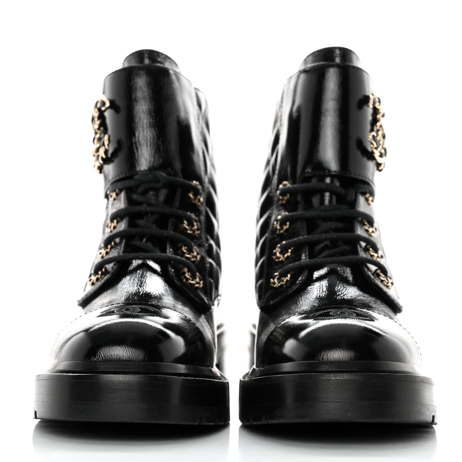 Chanel Shiny Goatskin Calfskin Quilted Lace Up Combat Boots 37 Black 2 of 11