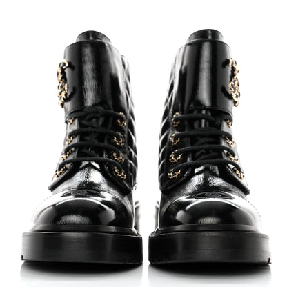 Chanel Shiny Goatskin Calfskin Quilted Lace Up Combat Boots 37 Black 2 of 11