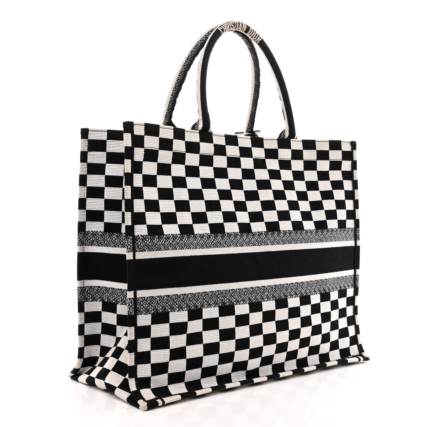 Canvas Embroidered Checkered Book Tote Black White
