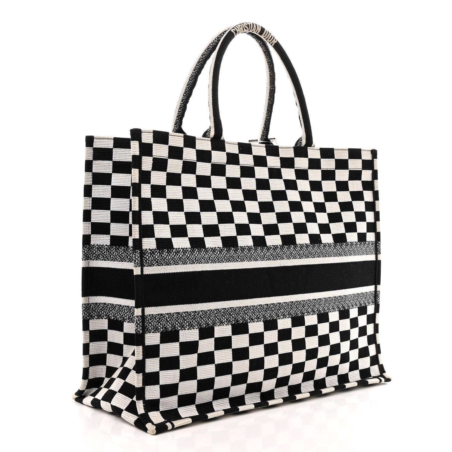 Christian Dior Canvas Embroidered Checkered Book Tote Black White 3 of 10