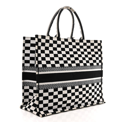 Christian Dior Canvas Embroidered Checkered Book Tote Black White 3 of 10