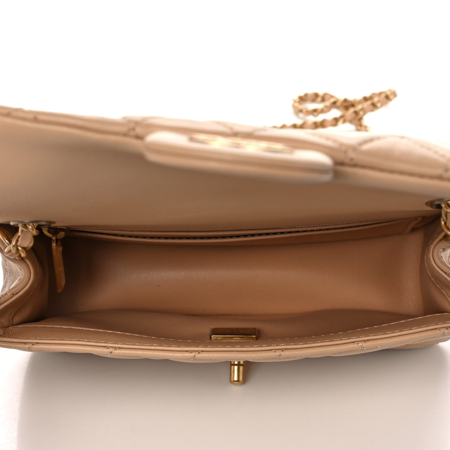 Lambskin Quilted Mini Rectangular Pearl Crush Flap Beige