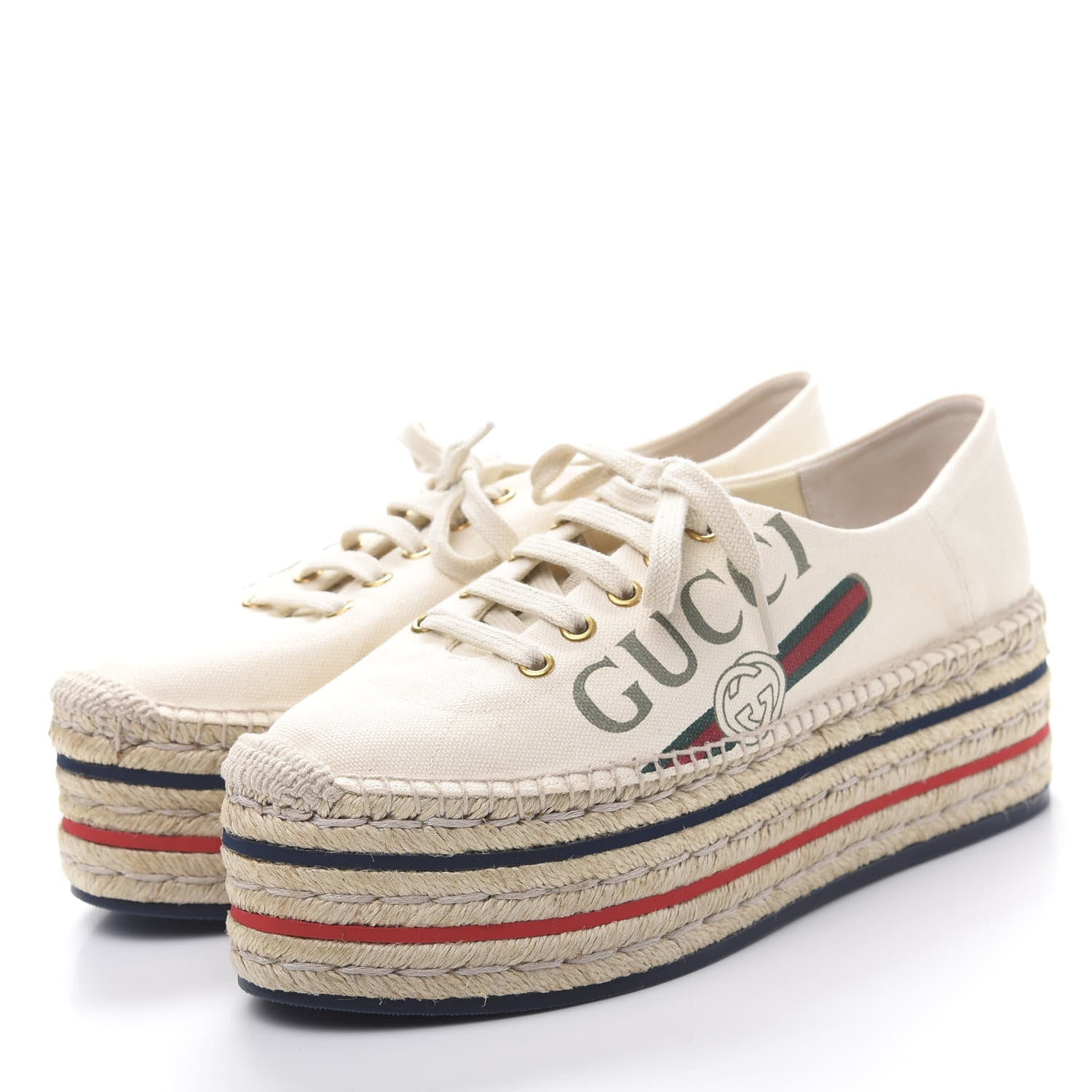 Gucci Canvas Logo Lace-Up Platform Espadrilles 39 Greggio Grege 3 of 9