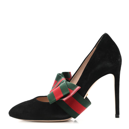 Gucci Kid Scamosciato Removable Web Bow High Heel Pumps 37.5 Black 1 of 14