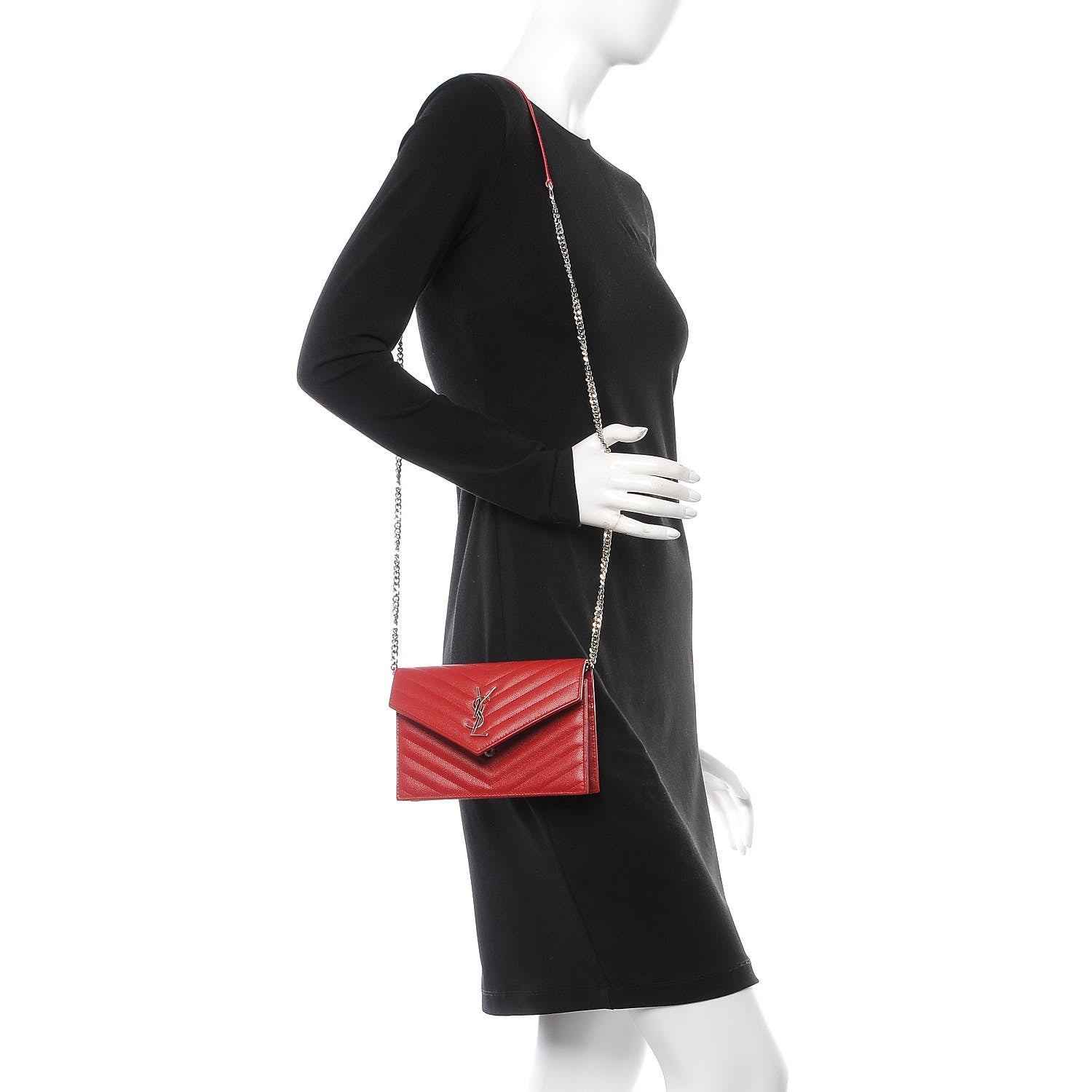 Saint Laurent Grain De Poudre Matelasse Chevron Monogram Envelope Chain Wallet New Red 2 of 7