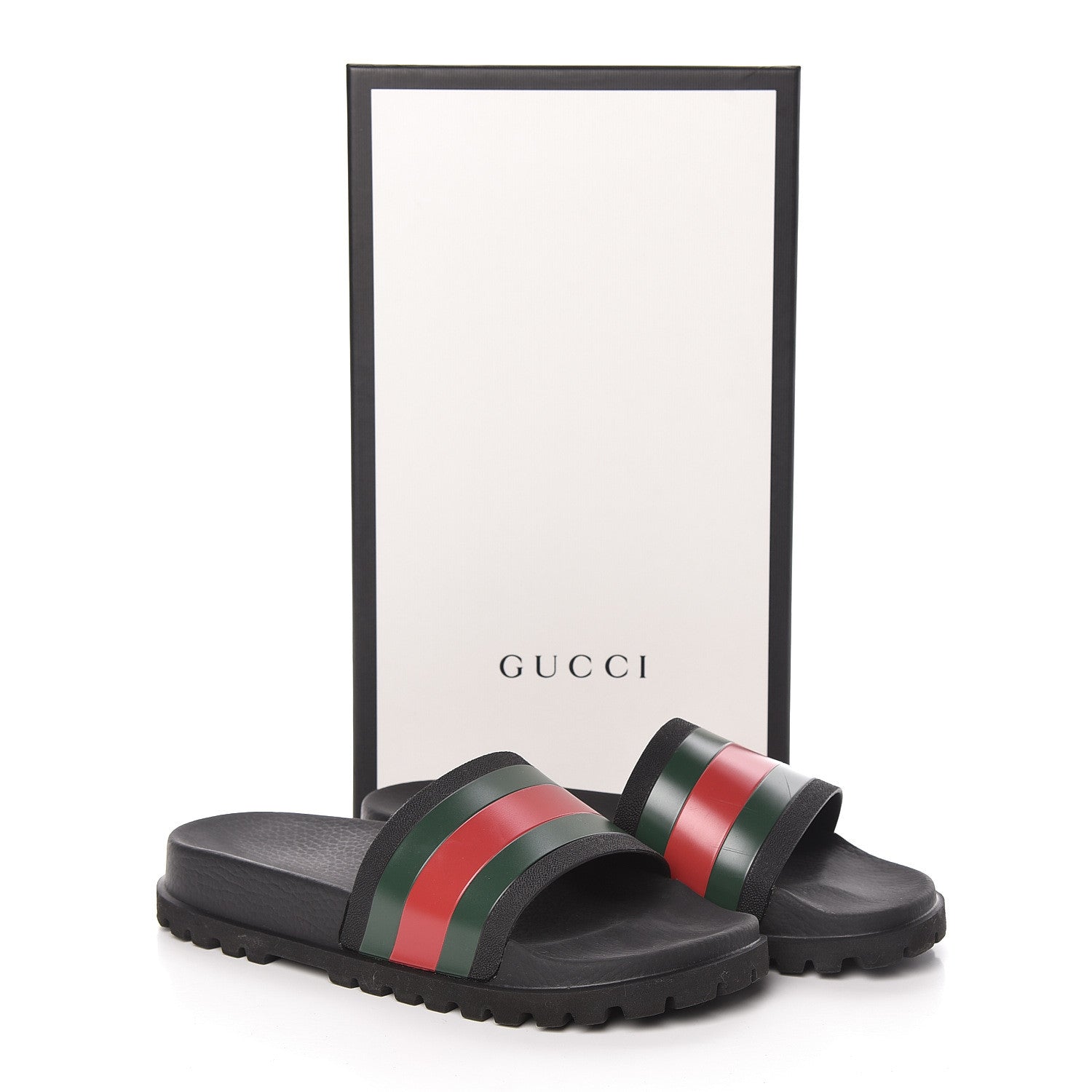 Gucci Rubber Web Mens Lug Sole Slide Sandals 8 Black Green Red 7 of 7