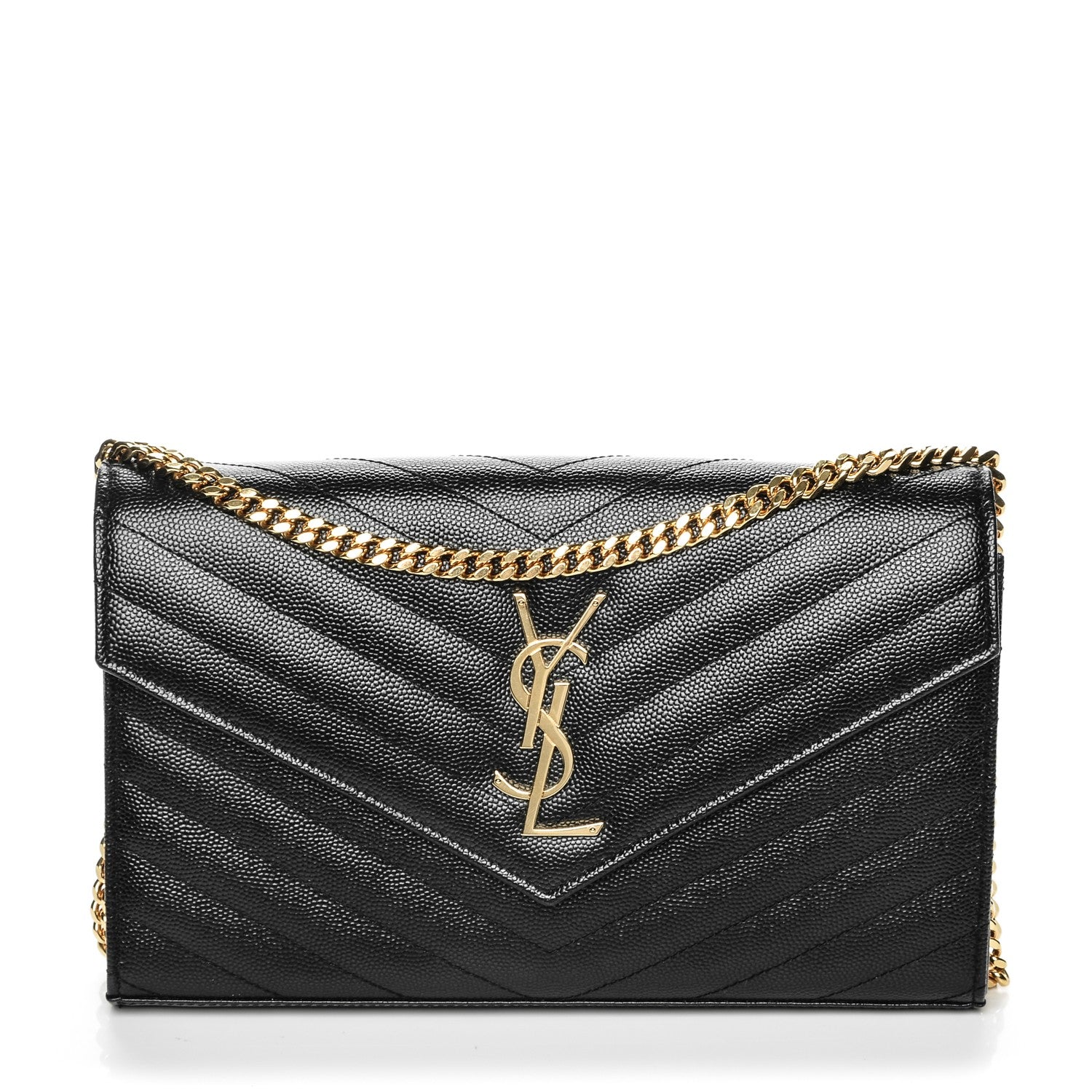 Saint Laurent Grain De Poudre Matelasse Chevron Monogram Chain Wallet Black 1 of 7