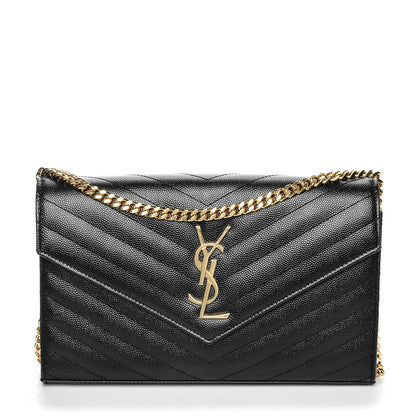 Saint Laurent Grain De Poudre Matelasse Chevron Monogram Chain Wallet Black 1 of 7