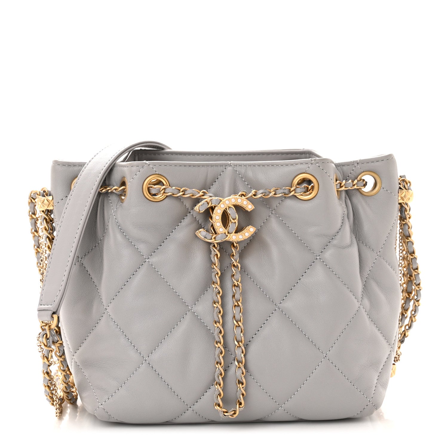 Chanel Lambskin Quilted Crush on Chains Drawstring Bucket Bag Hobo Grey 1 of 12