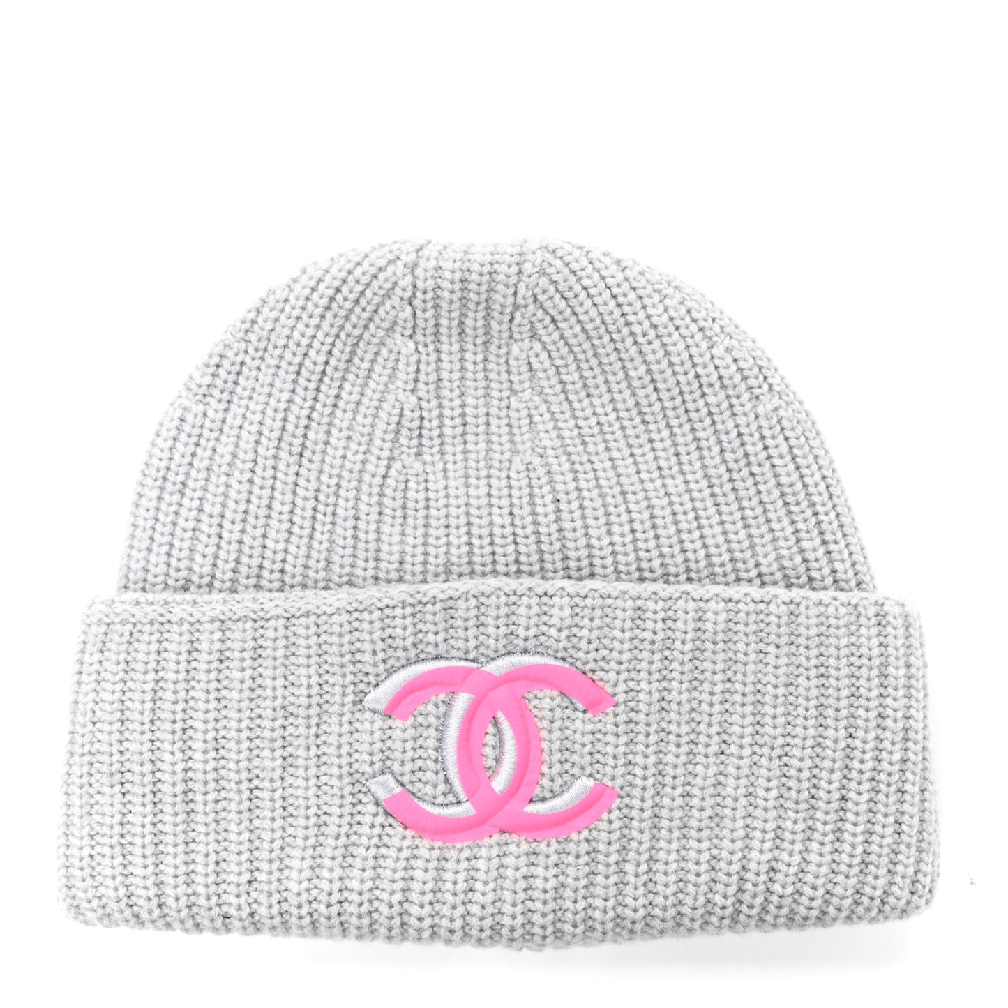 Wool Cashmere CC Beanie Hat Light Grey Fuchsia