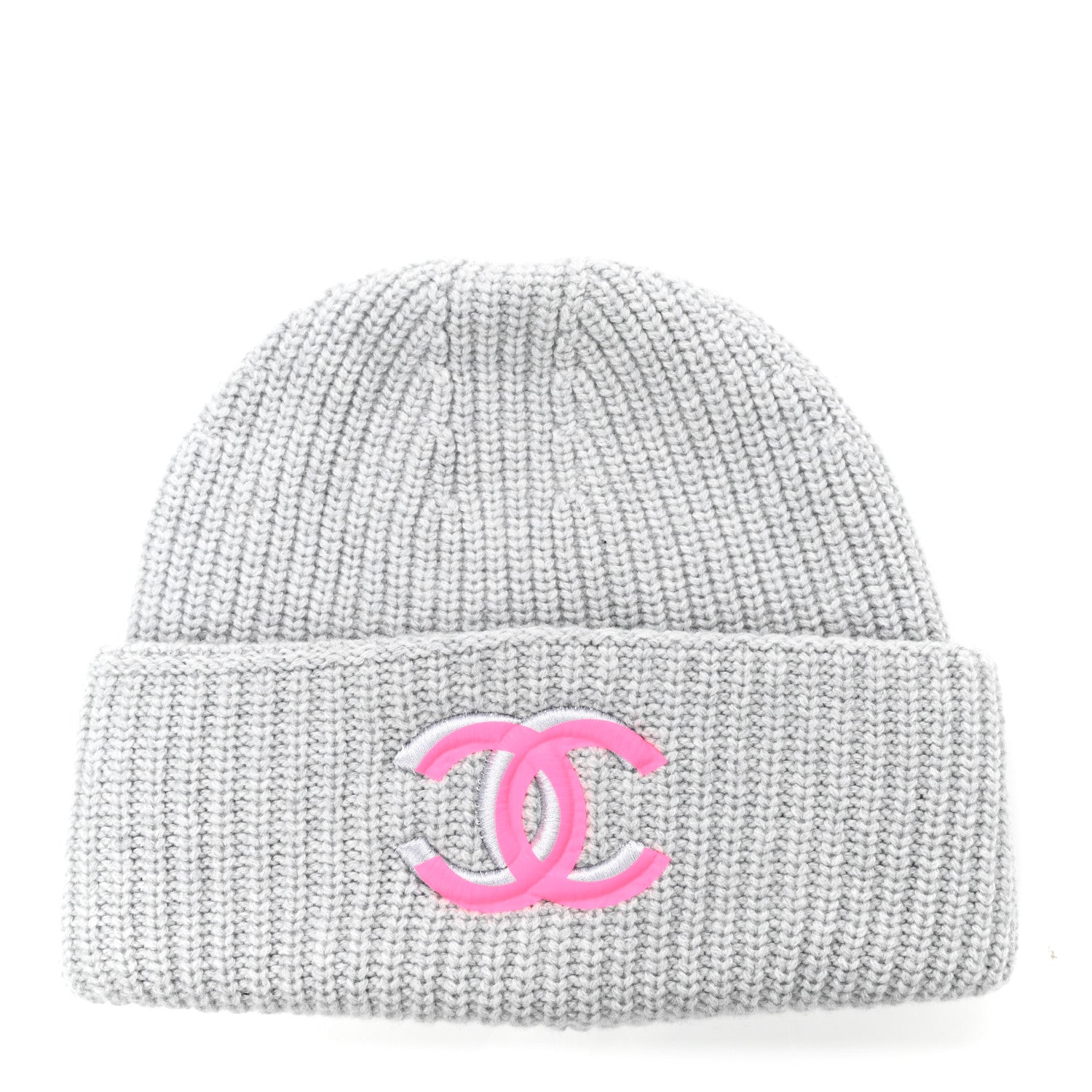 Chanel Wool Cashmere CC Beanie Hat Light Grey Fuchsia 1 of 5