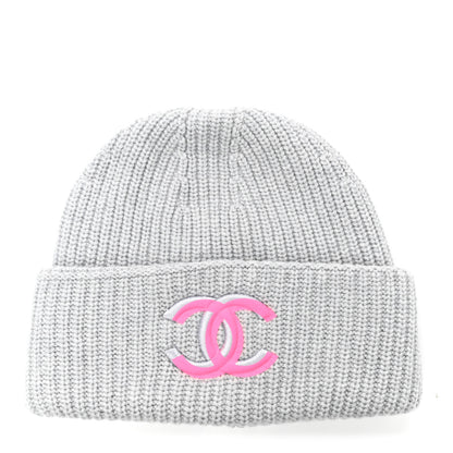 Chanel Wool Cashmere CC Beanie Hat Light Grey Fuchsia 1 of 5