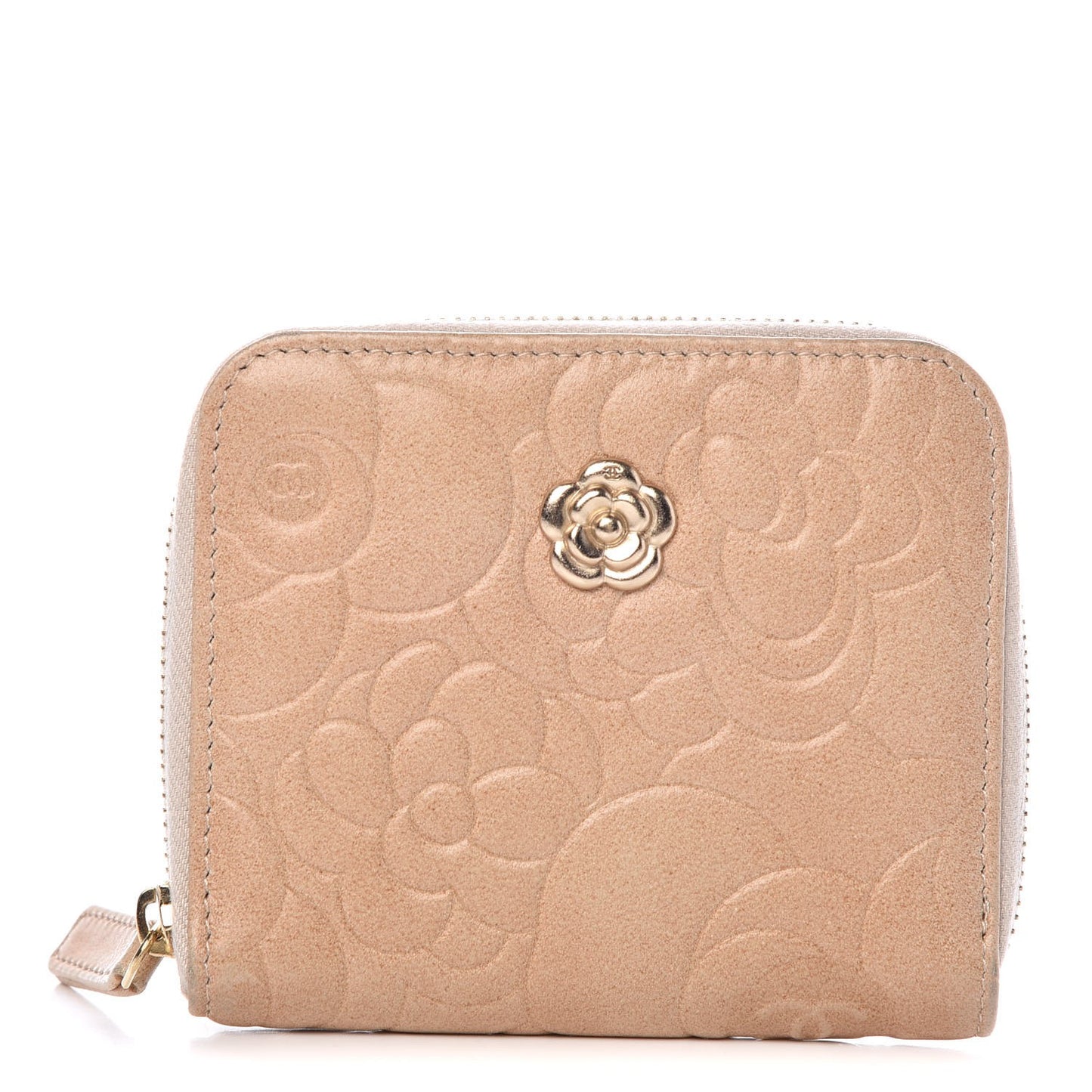 Lambskin Camellia Embossed Zip Around Card Holder Light Beige