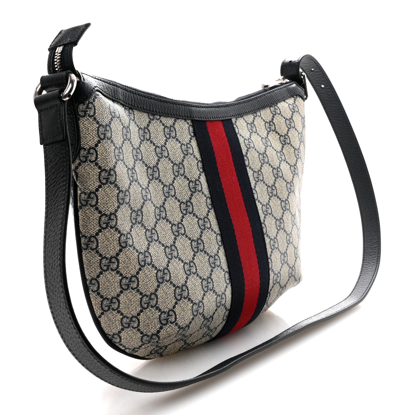 GG Supreme Monogram Textured Dollar Calfskin Web Small Ophidia Half Moon Hobo Beige Blue
