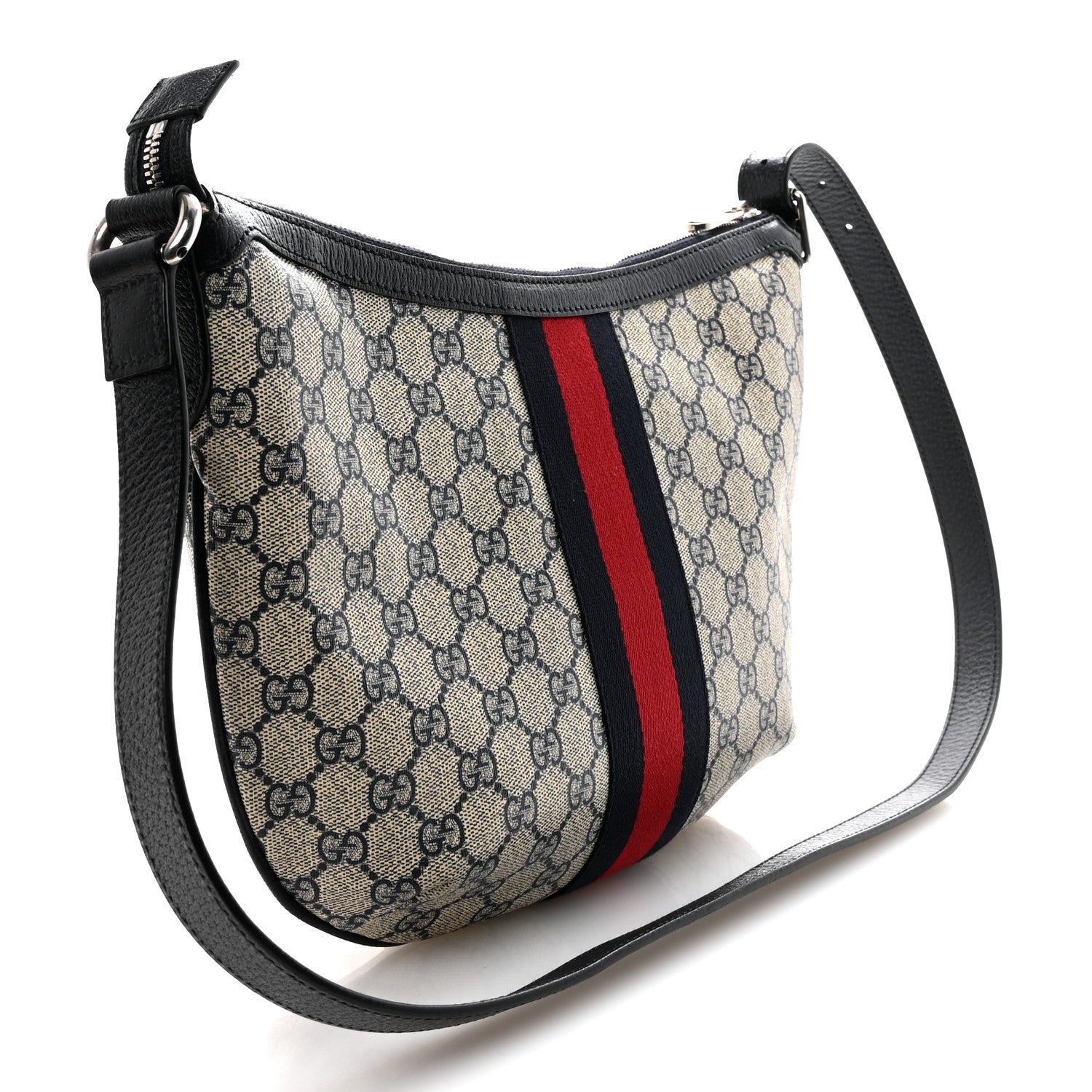 Gucci GG Supreme Monogram Textured Dollar Calfskin Web Small Ophidia Half Moon Hobo Beige Blue 3 of 12