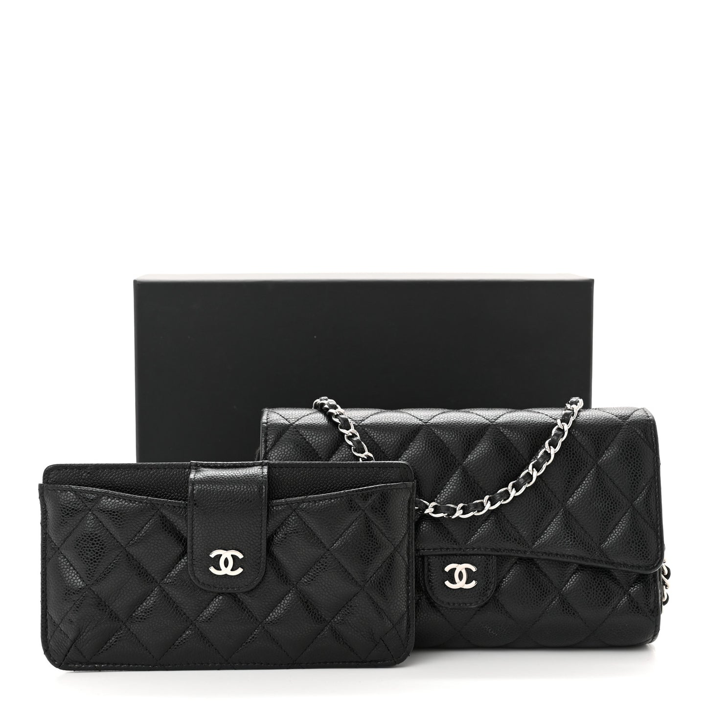 Caviar Quilted Phone Holder Wallet on Removable Chain Black