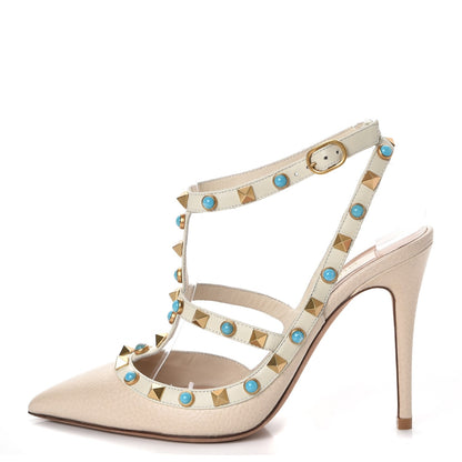 Valentino Garavani Pebbled Calfskin Turquoise Rockstud Rolling Ankle Strap 100mm Pumps 36 Ivory 1 of 11