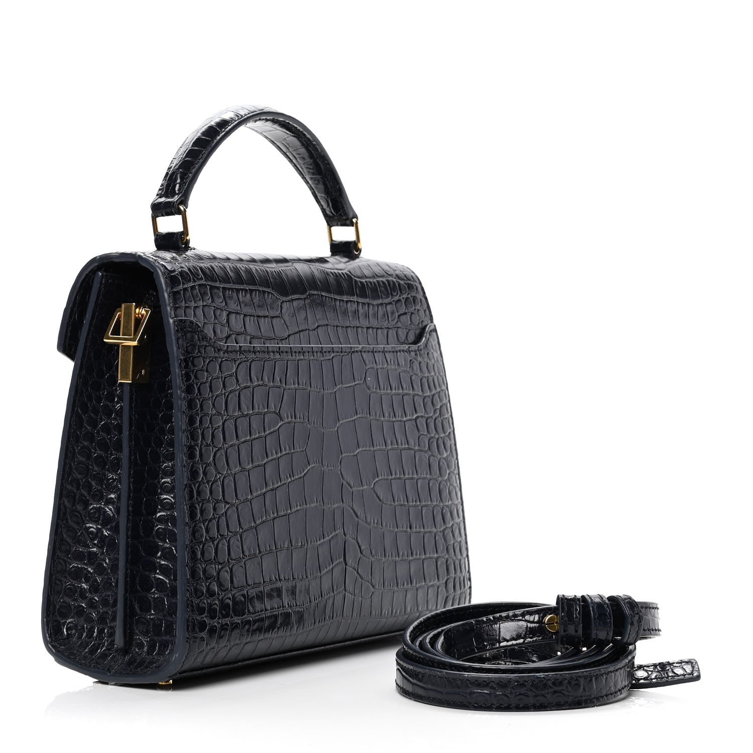 Saint Laurent Calfskin Crocodile Embossed Mini Classic Monogram Cassandra Top Handle Black 2 of 4