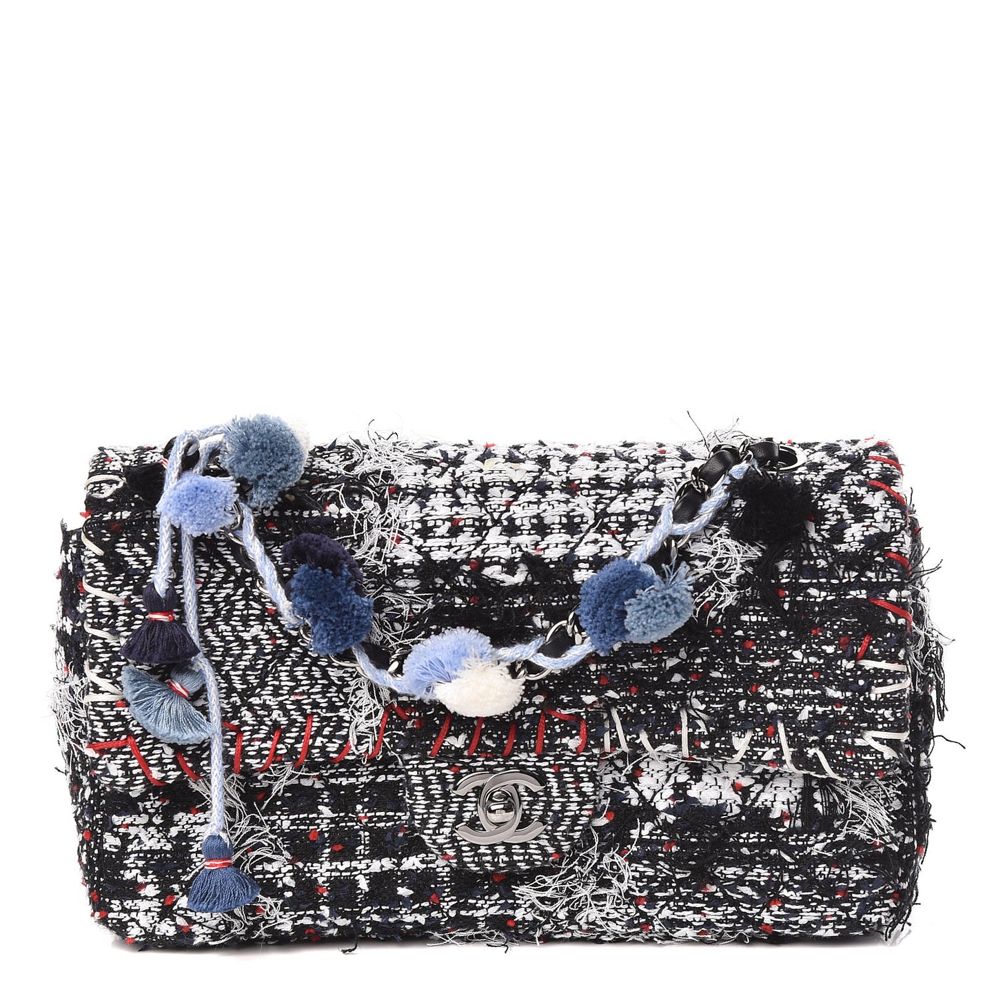 Tweed Pompom Flap Bag Multicolor