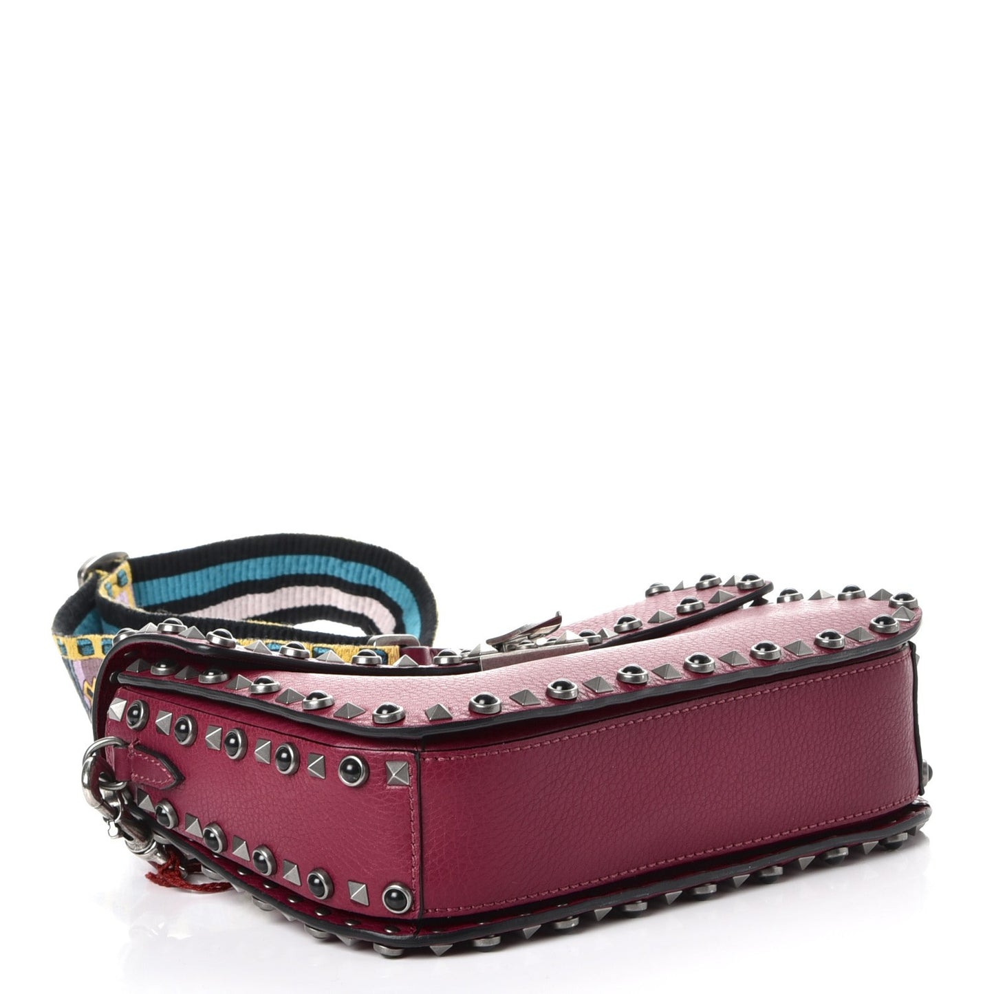 Grained Calfskin Onyx Medium Guitar Strap Rockstud Rolling Flap Saddle Bag Disco Pink