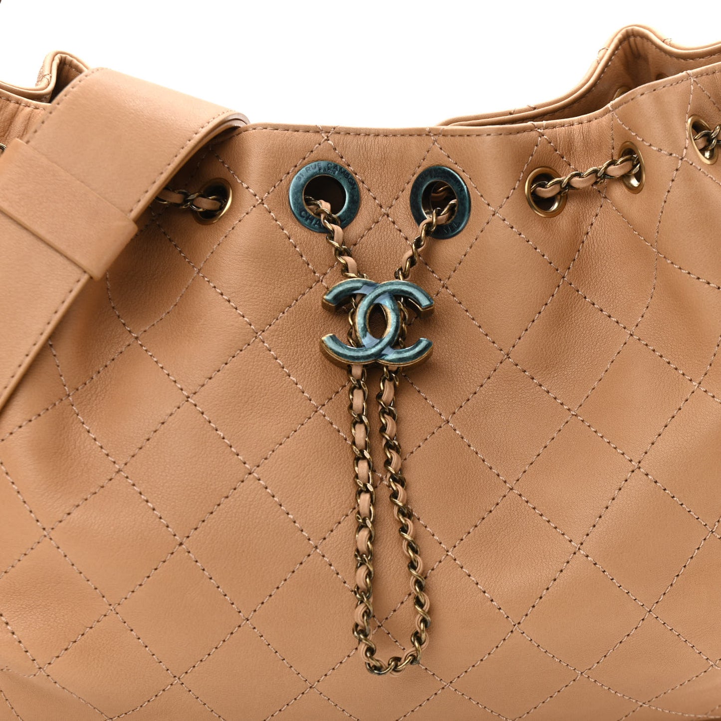 Calfskin Stitched Medium Drawstring CC Bag Beige