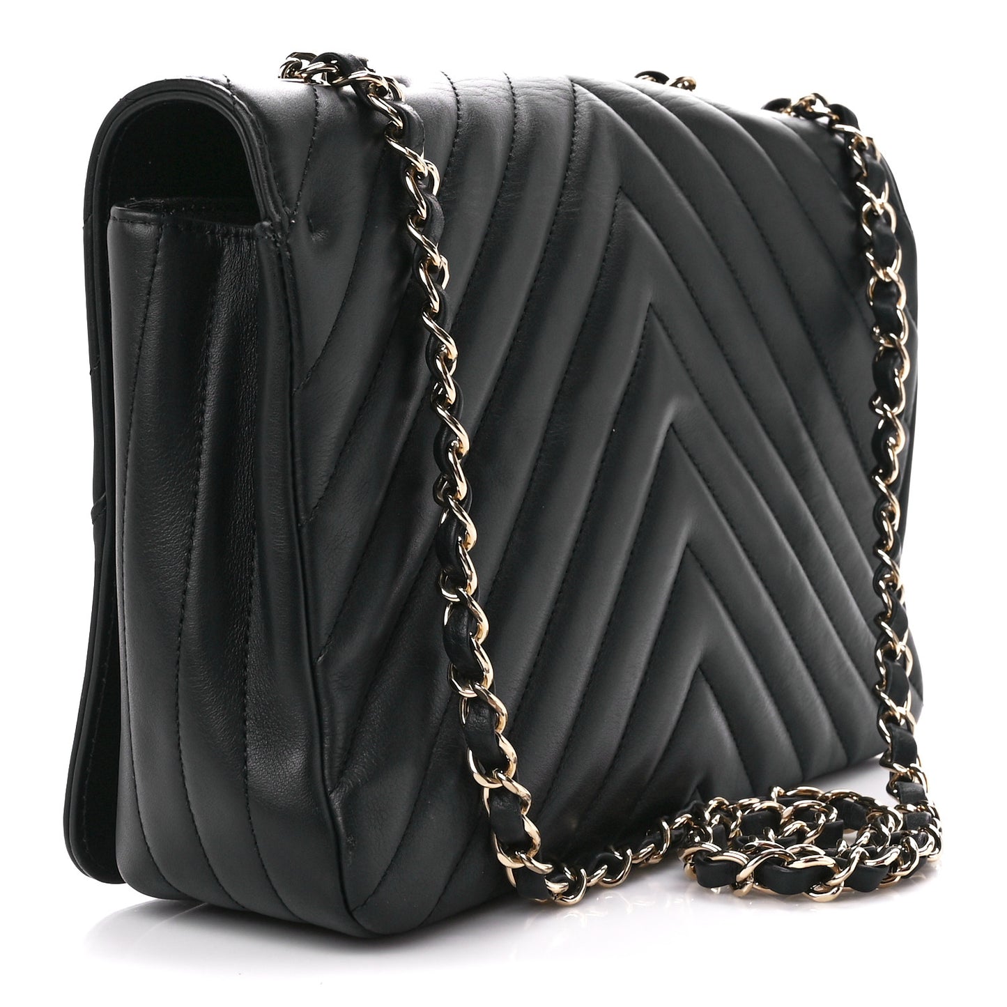 Calfskin Chevron Quilted Medium Statement Flap Black