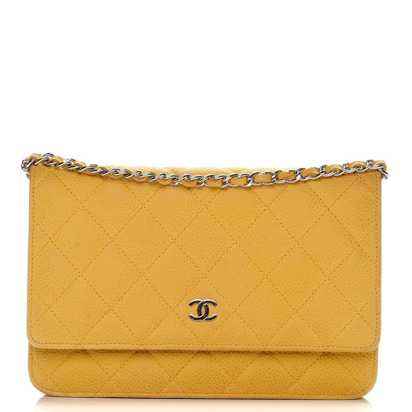 Iridescent Caviar Quilted Wallet on Chain WOC Yellow