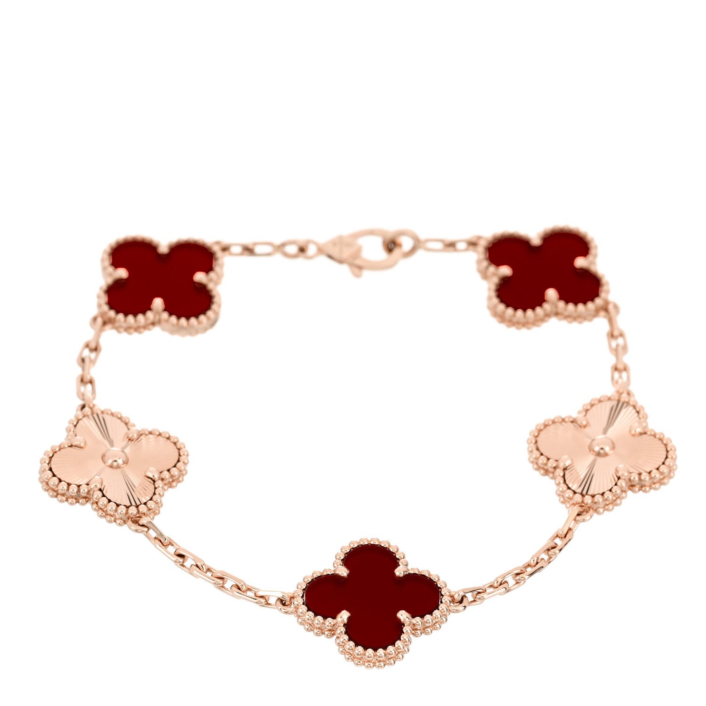18K Rose Gold Carnelian 5 Motifs Guilloche Vintage Alhambra Bracelet