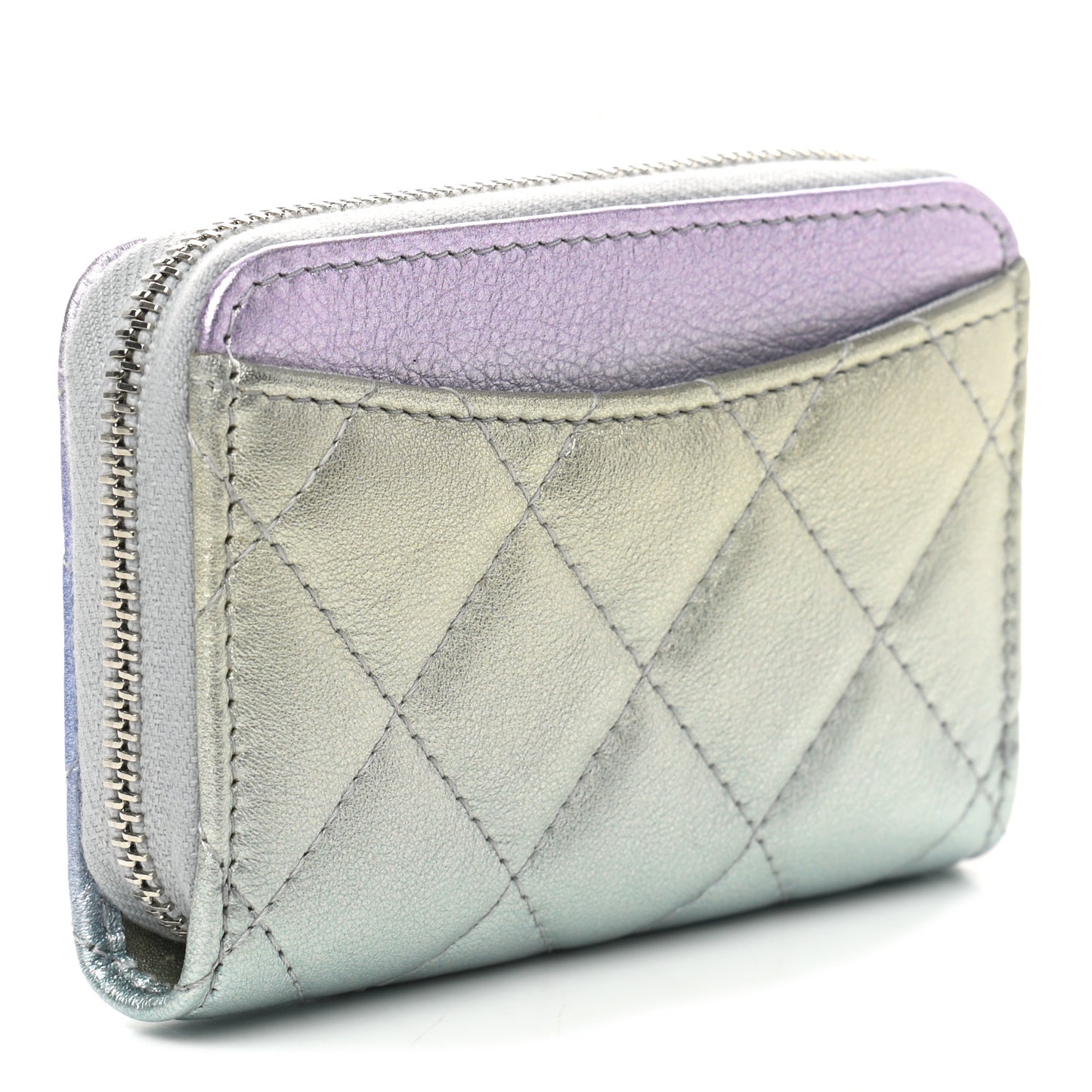 Gradient Metallic Calfskin Quilted Zip Around Coin Purse Wallet Silver Blue Yellow Purple