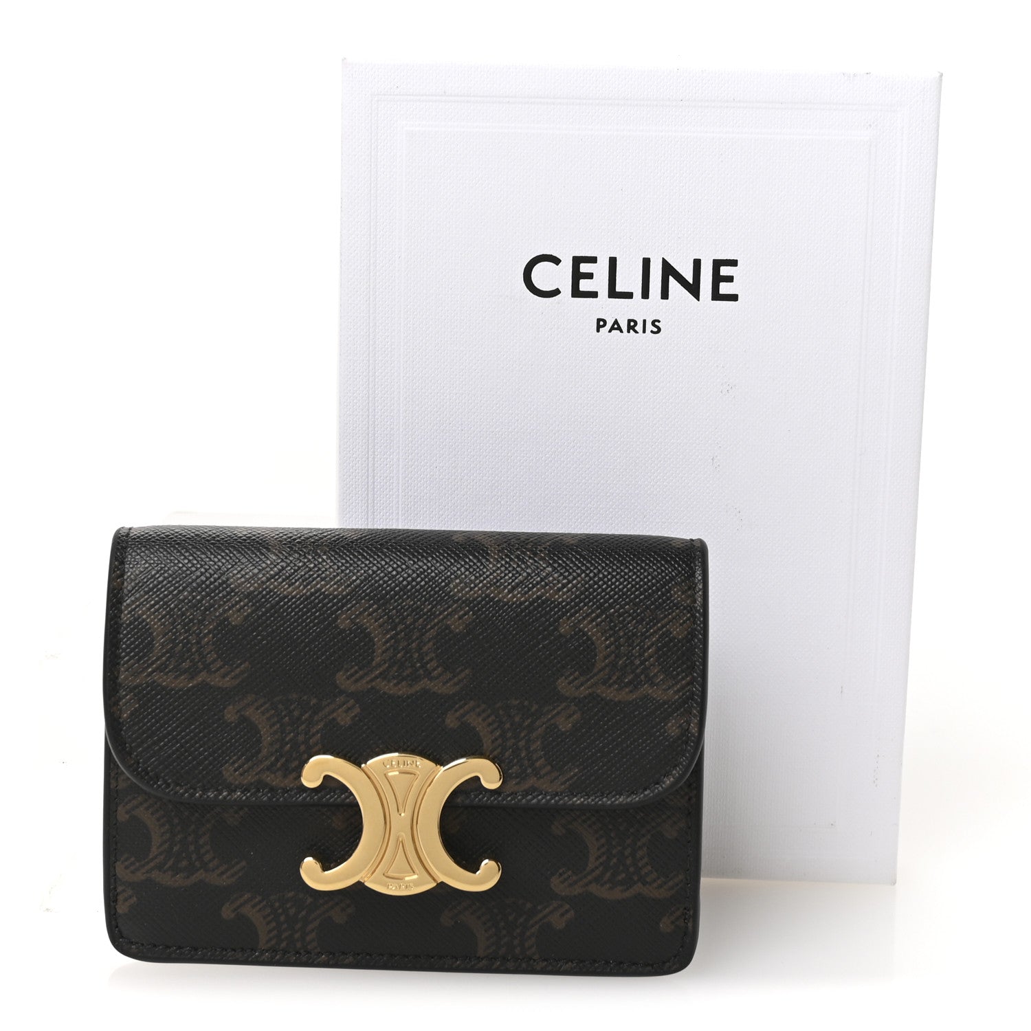 Celine Triomphe Canvas Calfskin Flap Card Holder Tan 8 of 9