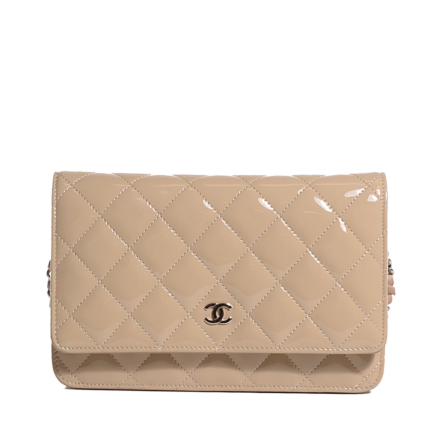 Patent Quilted Wallet On Chain WOC Beige