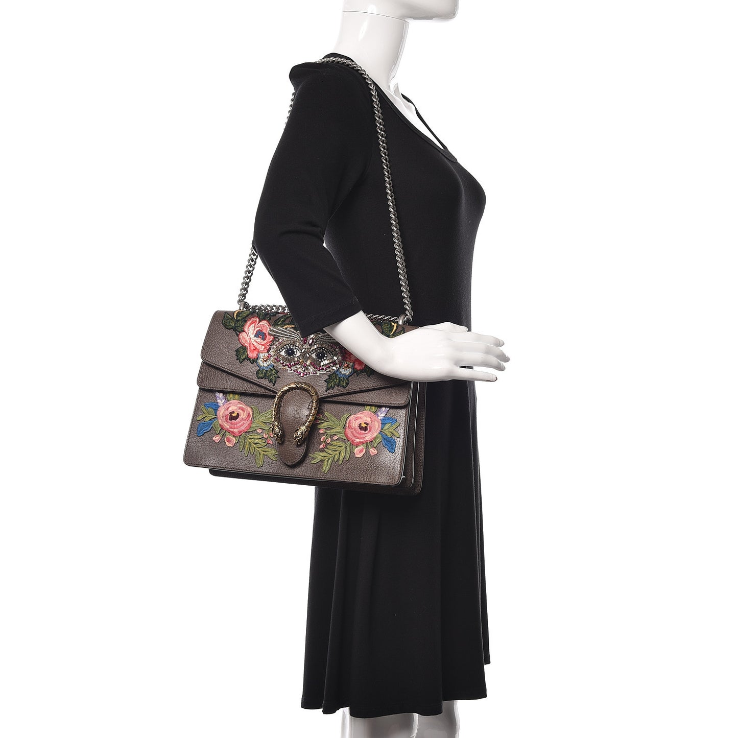 Calfskin Web Owl Embroidered Medium Dionysus Shoulder Bag New Acero Multicolor