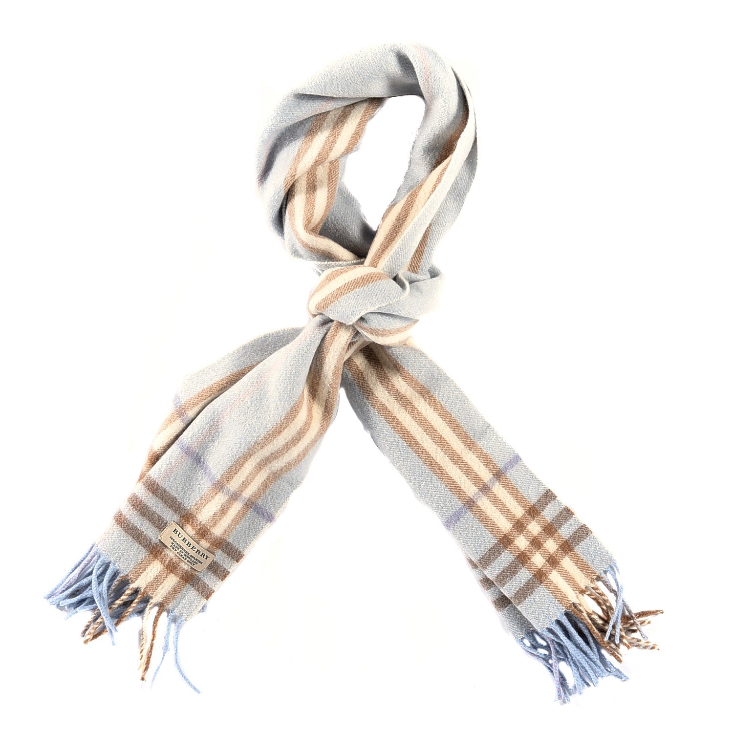 Burberry Cashmere Wool Check Fringe Scarf Light Blue 1 of 3