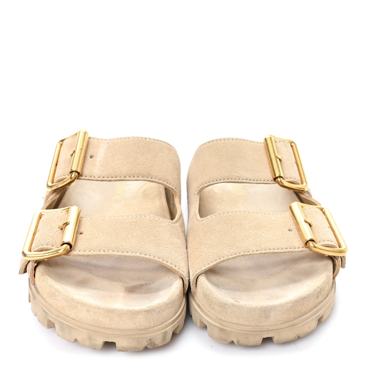 Prada Suede Metal Triangle Logo Womens Double Buckle 20mm Slide Sandals 36 Ecru 3 of 10