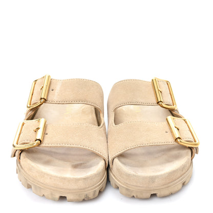 Prada Suede Metal Triangle Logo Womens Double Buckle 20mm Slide Sandals 36 Ecru 3 of 10