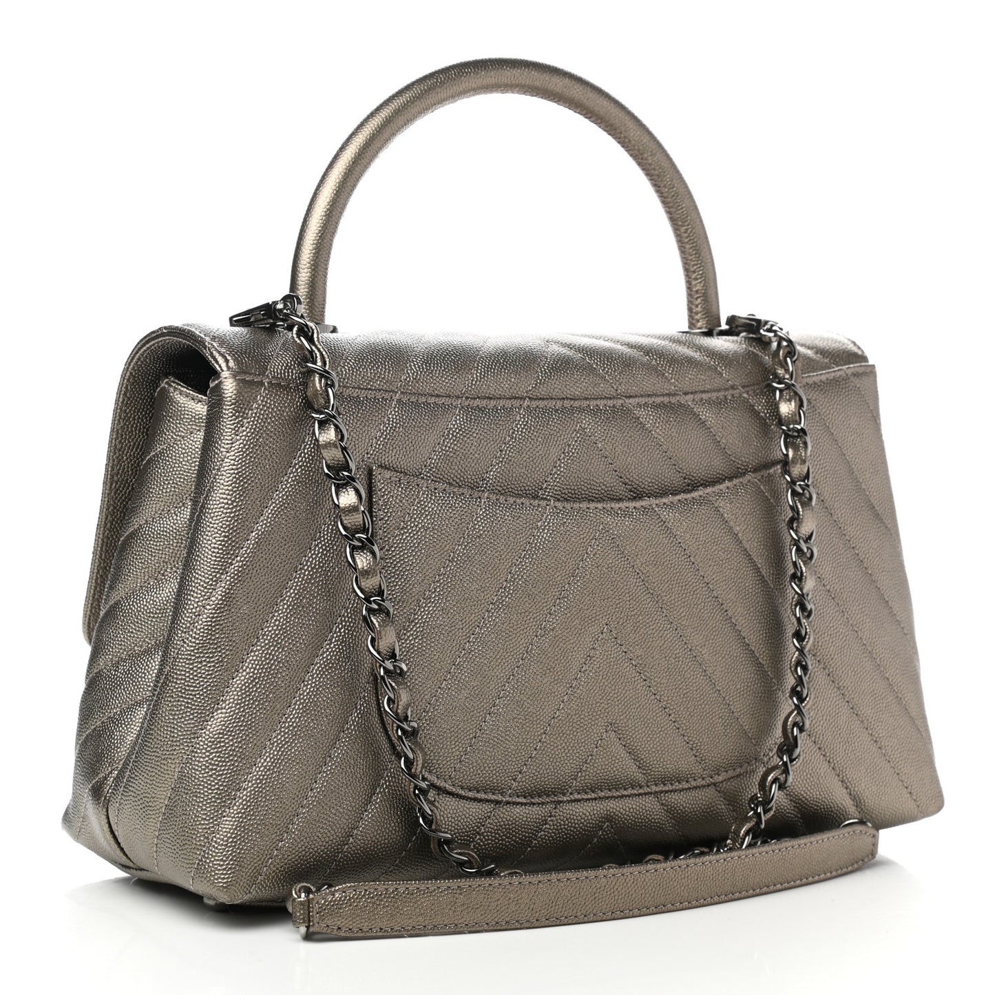 Metallic Caviar Chevron Quilted Small Coco Handle Flap Light Gold