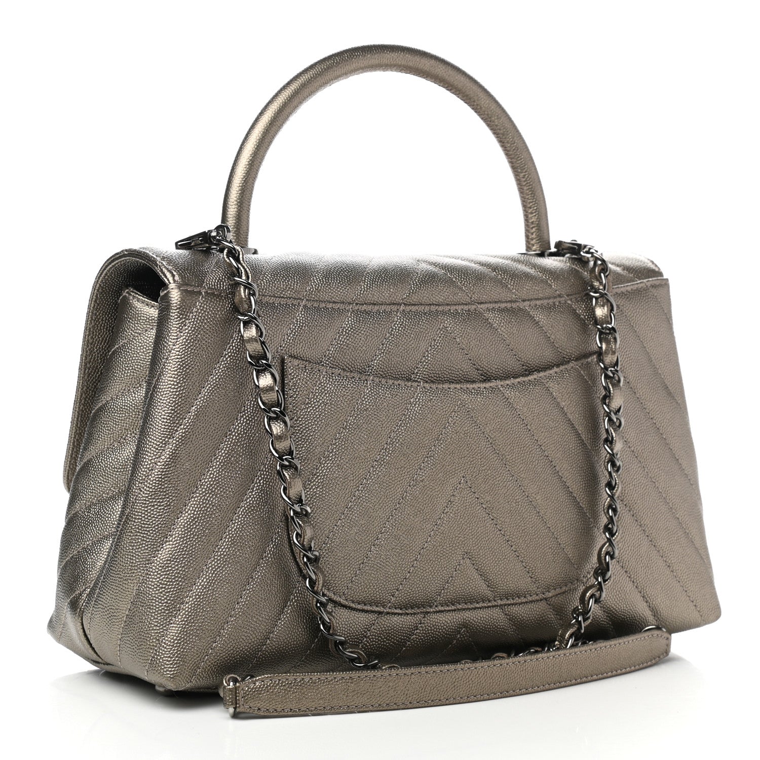 Chanel Metallic Caviar Chevron Quilted Small Coco Handle Flap Light Gold 3 of 10