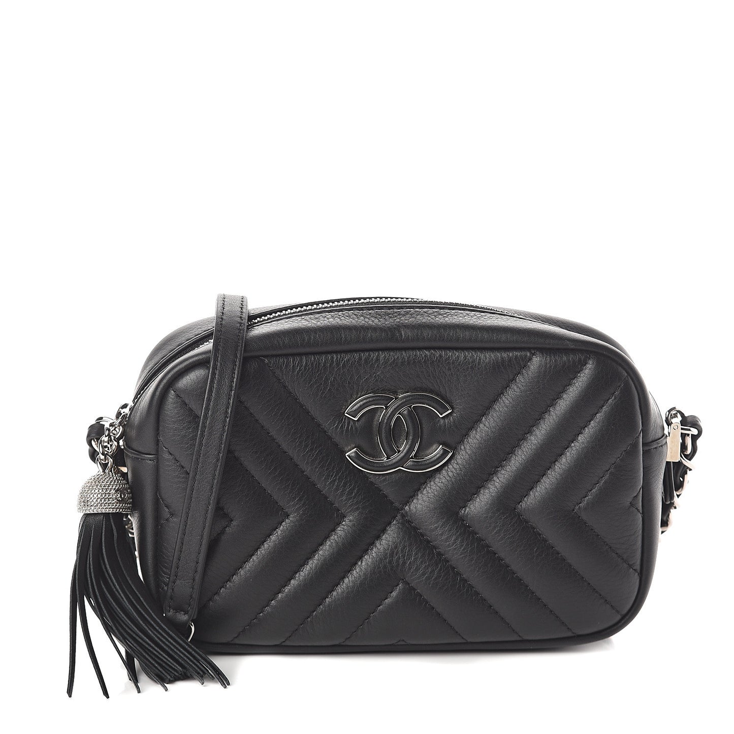 Calfskin Diagonal Chevron Quilted Tassel Camera Case Black