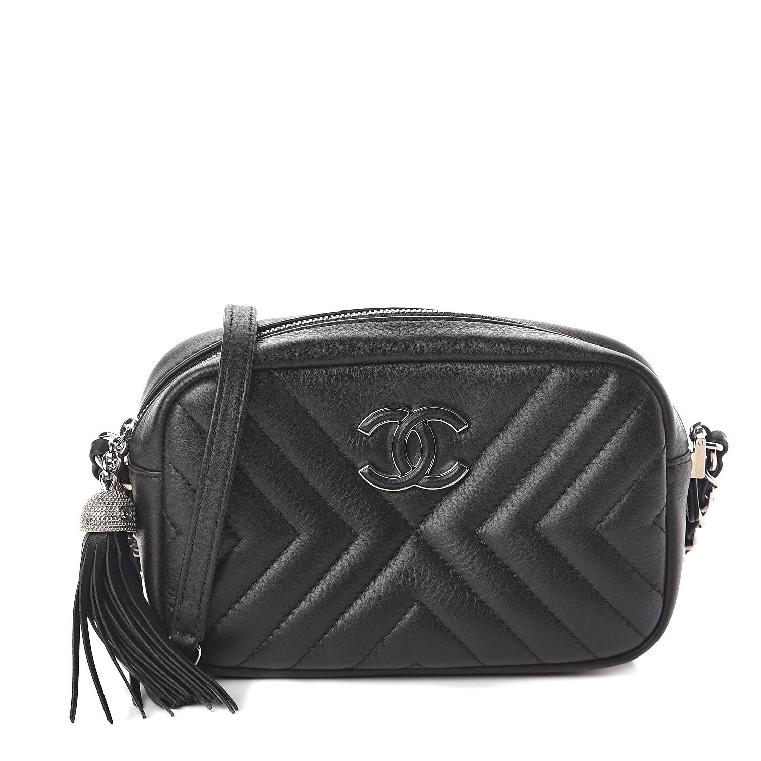Chanel Calfskin Diagonal Chevron Quilted Tassel Camera Case Black 1 of 9