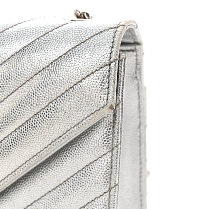 Saint Laurent Metallic Grain De Poudre Matelasse Chevron Small Monogram Satchel Silver 12 of 14