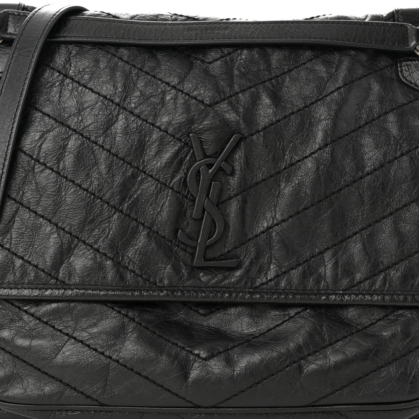 Crinkled Calfskin Matelasse Monogram Large Niki Chain Satchel Black